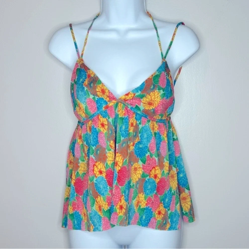 Zara Womens Pleated Strappy Flowy Top Tank Multi-Color Floral 5039/389 Size‎ S